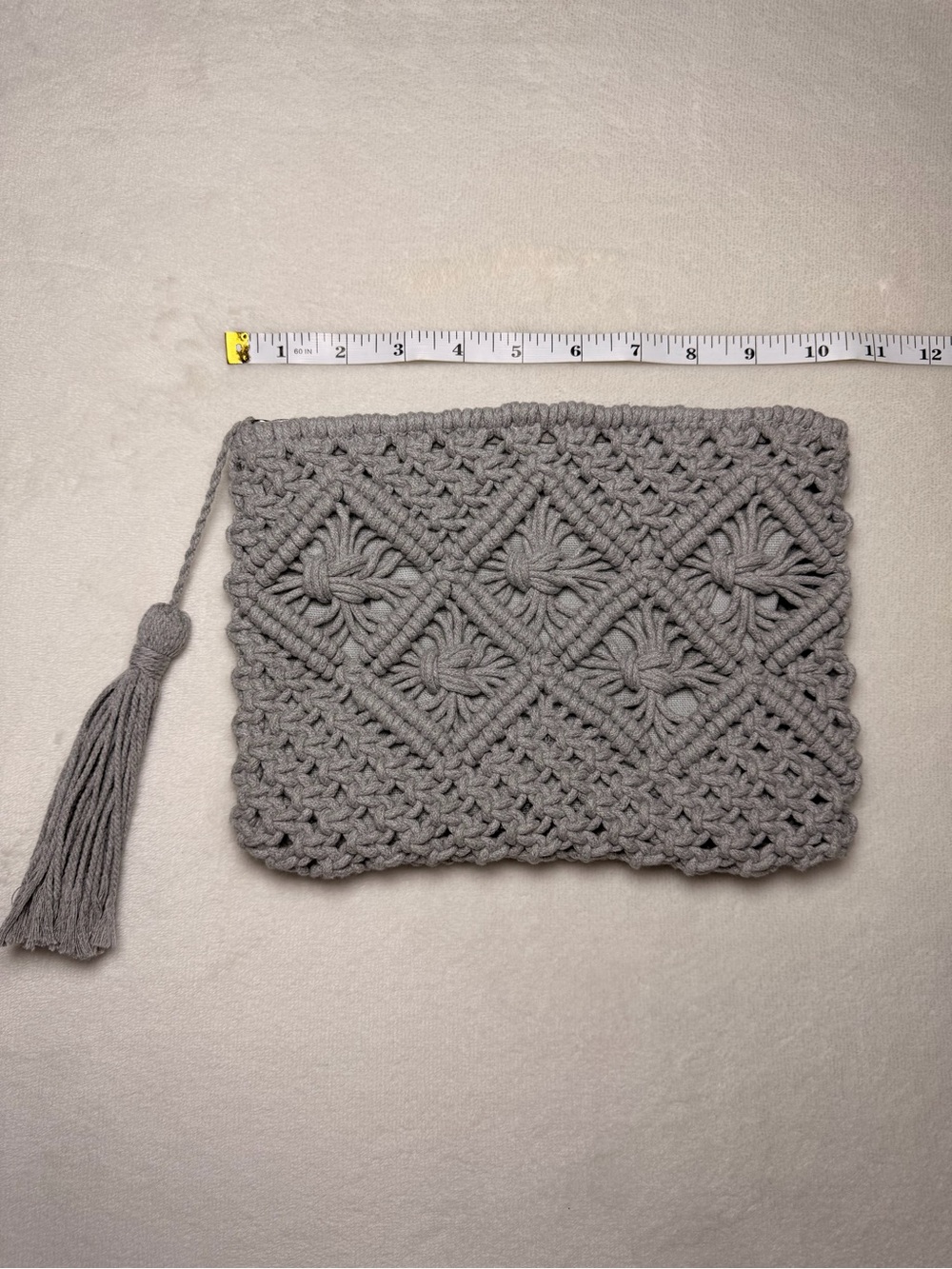 Gray Macrame Crochet Clutch Purse Tassel Zip Boho